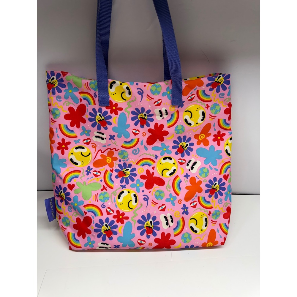 Estee Lauder Recycled Pink Smiley Face Rainbow Floral Tote Bag